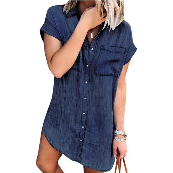 Women’s Denim Shirt Dress - Short Sleeve Distressed Button-Down Tunic